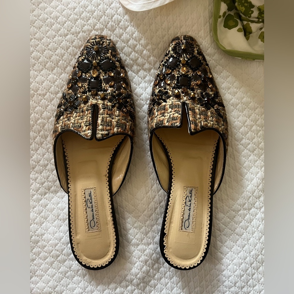 Bejeweled tweed Oscar de la renta slide flats shoes